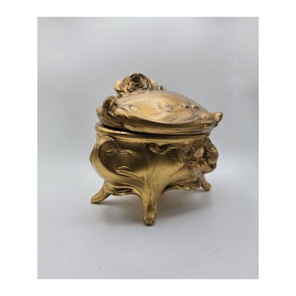 Beautiful Early 1900's Art Nouveau Ornate Gold Sculpted Rose Footed Jewelry Cask - Picture 6 of 9